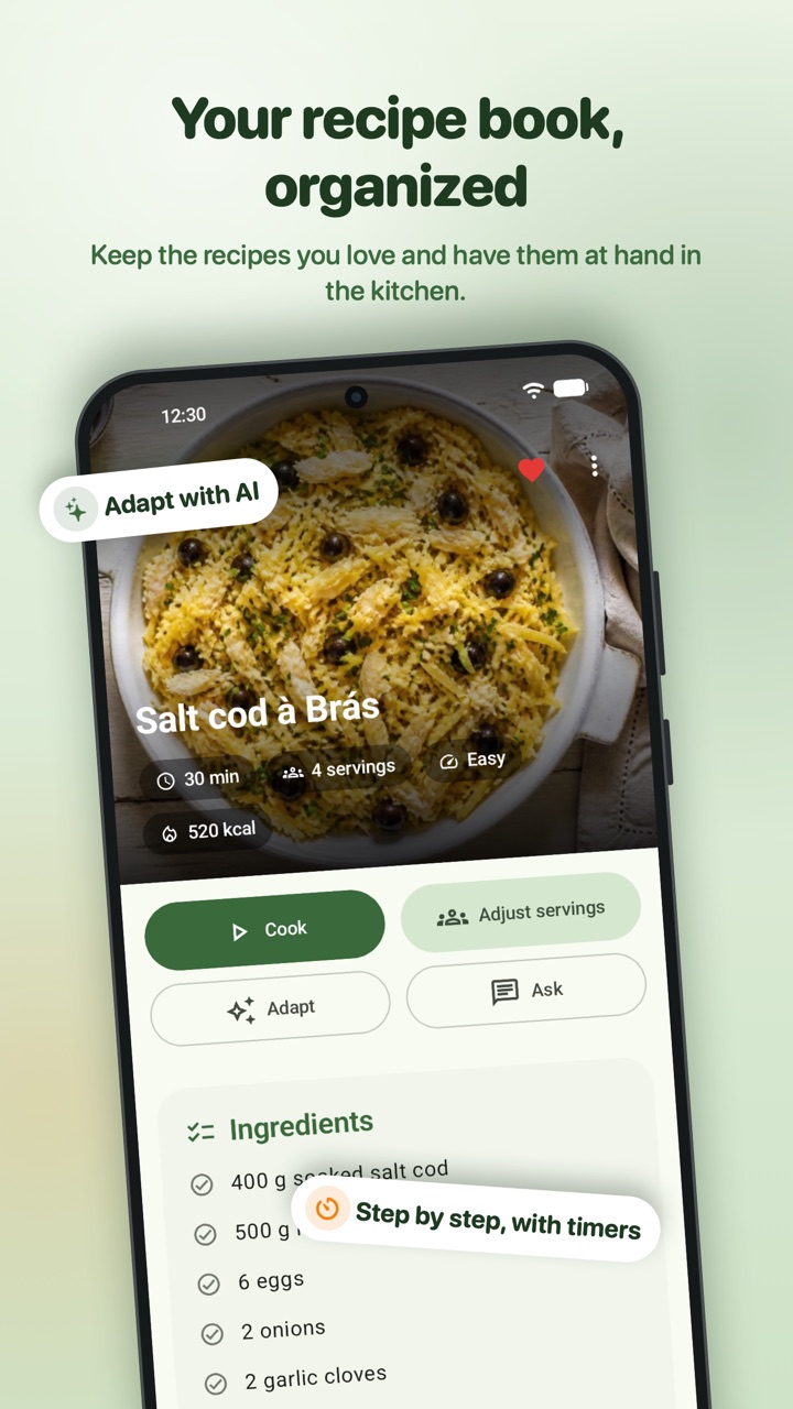 Your recipe book, organized: a recipe page with its photo, times, servings and calories