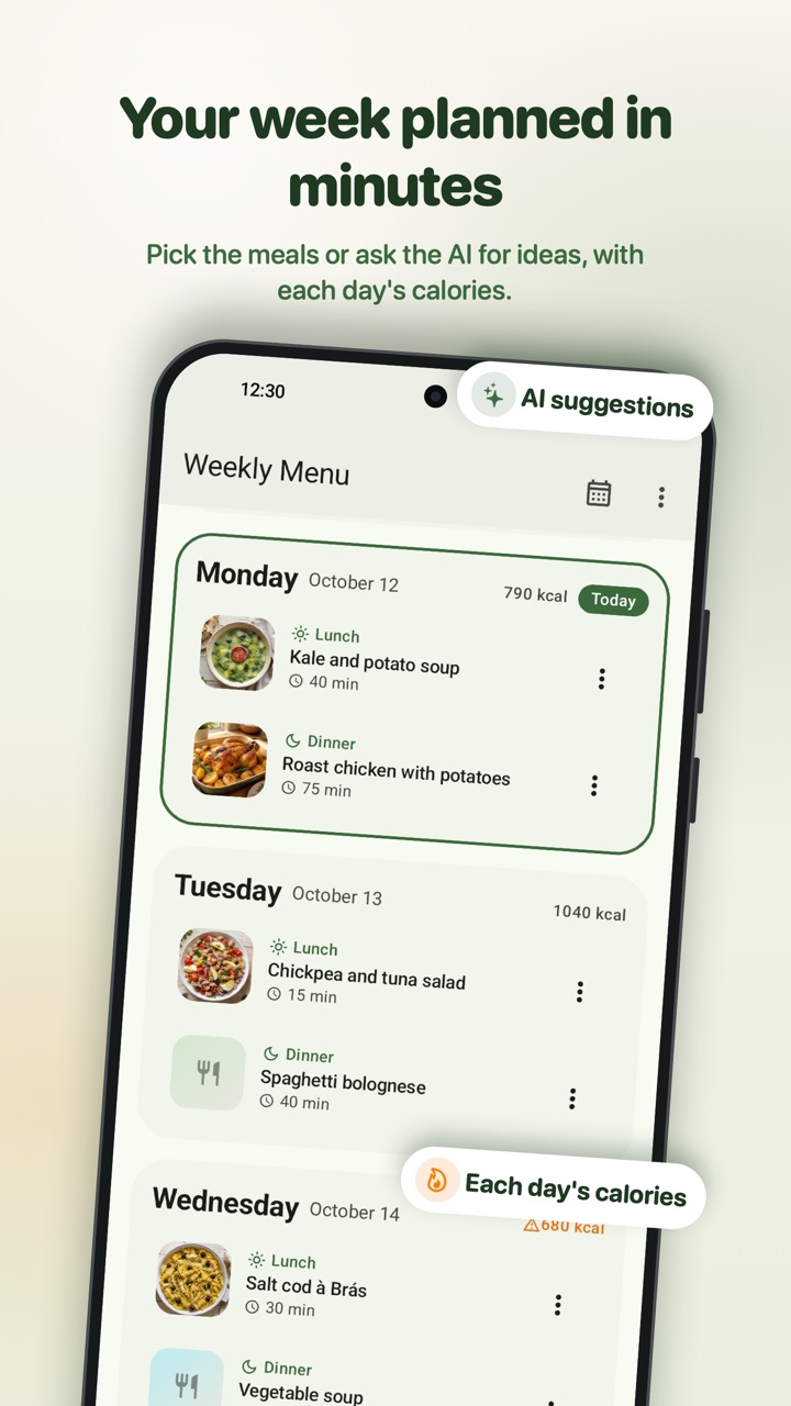 Your week planned in minutes: the weekly menu with lunches, dinners and each day's calories