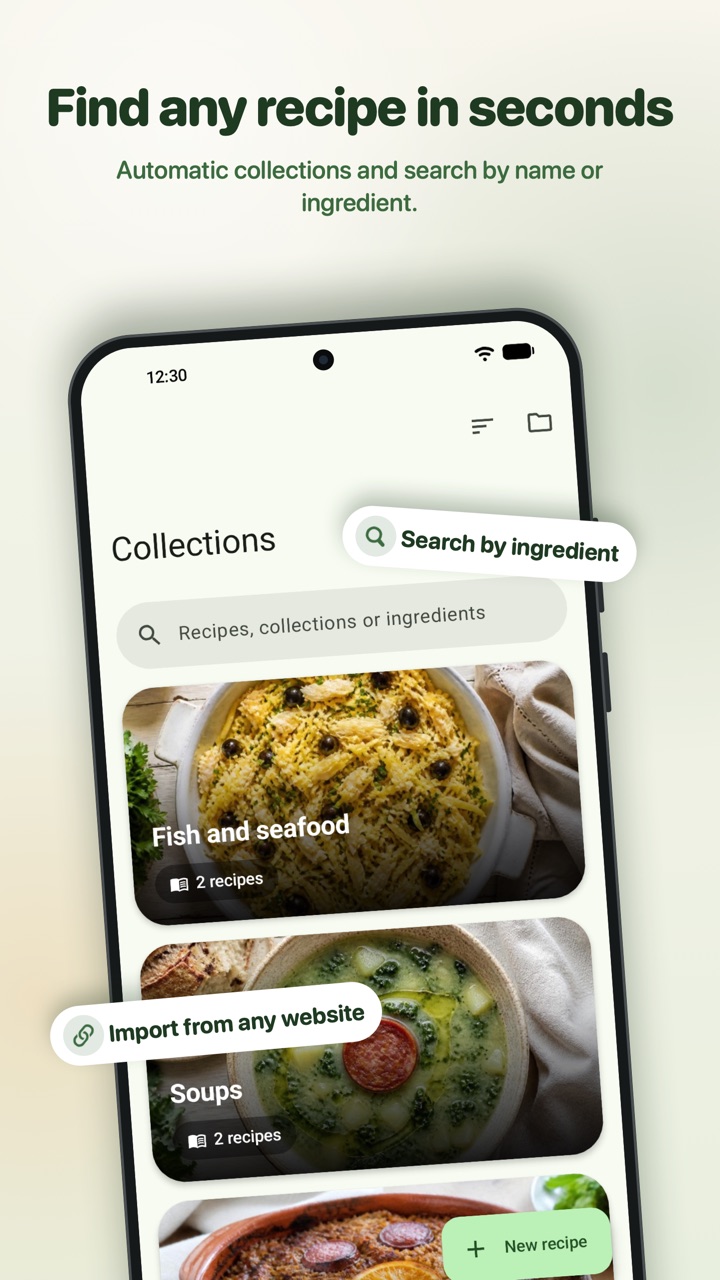 Find any recipe in seconds: collections with their covers and search