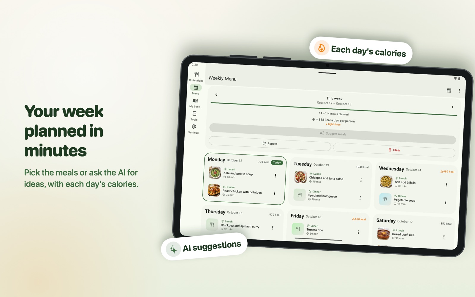 Tacho on a tablet: the weekly menu with every day at a glance
